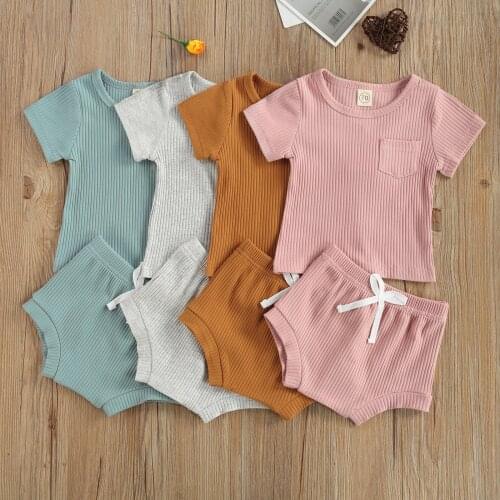 Pudcoco 0-3 Years Newborn Baby 2-piece Outfit Suit Summer Short Sleeve Solid Color Tops + Shorts Cozy Sets for Kids Boys Girls