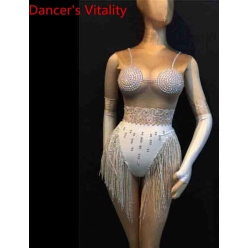 Nightclub Women Singer DJ Sexy Rhinestone High Split Tassel False Perspective Elastic Body Suit Stage Wear Performance Costume