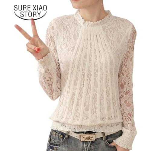 New 2021 Fashion Women Blouses White lace Blouse shirt plus size tops Long Sleeve O-neck Casual Lady Blouses Lace tops 61C 25