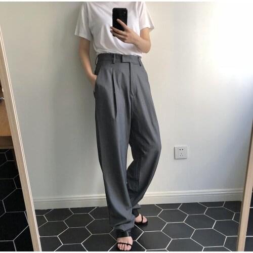 Obrix Casual Style Suit Material Soft Comfortable Grey Female Pants Stylish Pleated Wide Leg Type Long Trousers For Women