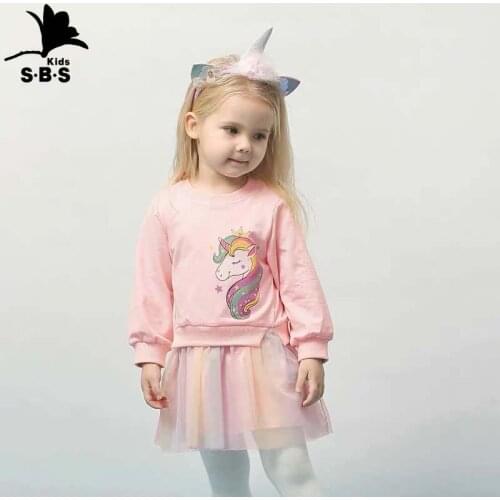 2020 Autumn Girls Dress Girls Christmas Cartoon Unicorn Ins Fashion Pattern Sweater Mesh Stitching Rainbow Mesh Princess Dress