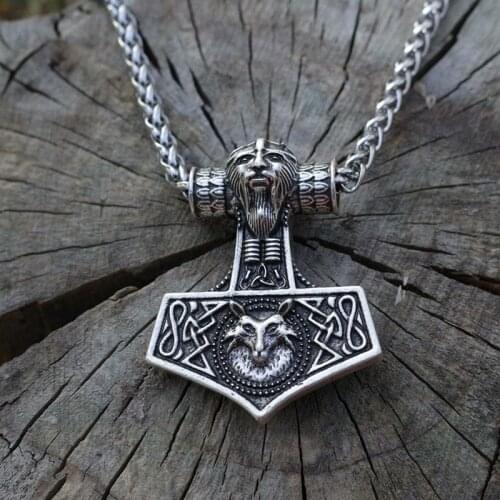 Lanseis 1pcs Viking fox necklace Thors Hammer Mjolnir Pendant Lge Odins Norse Fox men amulet jewelry