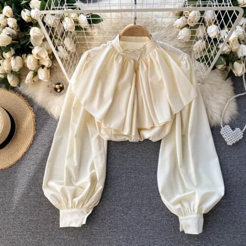 Pleated Ruffles Stand Collar Blouse Womens Puff Sleeve Loose Female All-Matching Shirts Top Solid Color Ladys Blusas 2021