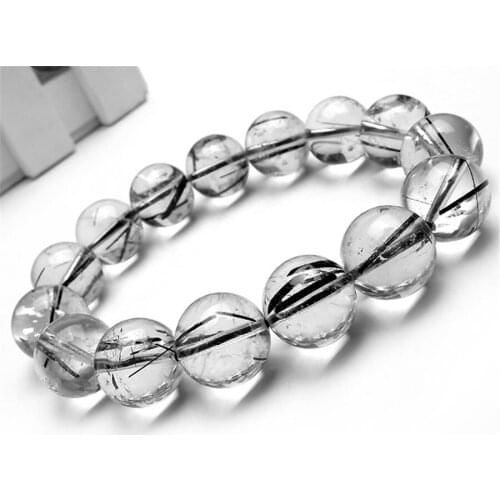Drop Shipping 14.5mm Brazilian Precious Natural Black Rutilated Quartz Crystal Clear Round Bead Stretch Bracelet Women Men