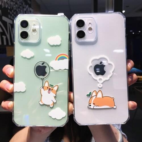 Cute Cartoon Corgi Dog Couple Phone Case For iPhone 12 Pro MAX 11 X XS XR 7 8 Plus Funny Transparent Soft TPU Shockproof Cover
