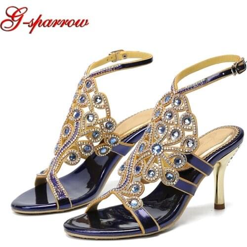 2019 Blue Purple Gold Color Women Summer Dress Sandals Open Toe 3 Inches Rhinestone Girl Birthday Party Shoes Bridesmaid Sandals