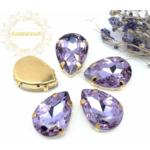 Crystal violet Water drop Glass Crystal sew on rhinestones with GOLD four claw Diy Clothing accessories Free shipping
