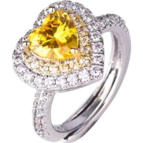 FYJS Unique Silver Plated Love Heart Yellow Citrines Crystal Resizable Finger Ring Romantic Style Jewelry