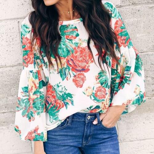 2019 Autumn New Womens Tops Printed Fashion Casual Vacation Office Loose Temperament Lantern Sleeve Long Sleeve T-Shirt