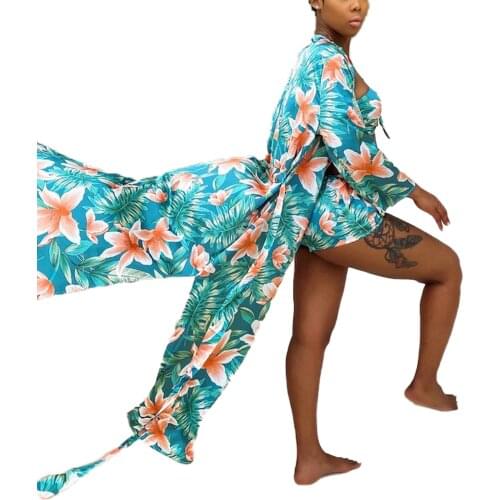 3 Pieces Bathing Suit Set Female Floral Print Long Sleeve Coat+ Spaghetti Strap Bikini Tops And Panties for Summer 2 Styles