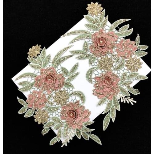 1pairs 3D Flower Lace Collar DIY Rhinestone Fabric Neckline Lace Embroidery Material Clothing Dress Sewing Craft Accessories