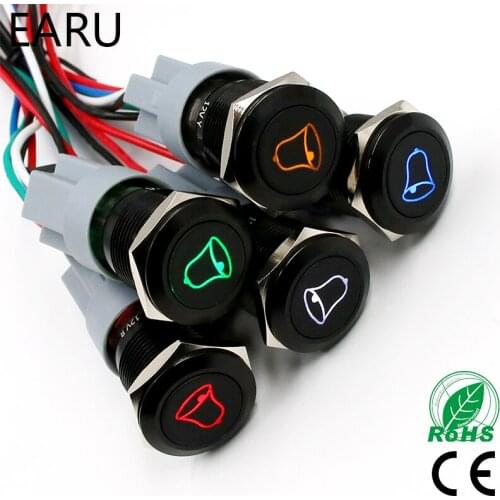 1pc Black 19mm Momentary Doorbell Bell Horn Speaker Push Button Switch Stainless Steel Metal Waterproof with Bell Logo LED Light