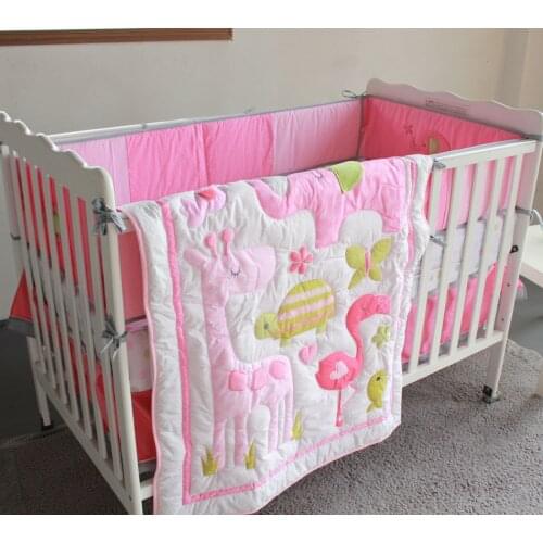 Promotion! 7PCS embroidery baby cot sets baby bed duvet baby bedding sheet crib set,include(4bumper+duvet+bed cover+bed skirt)
