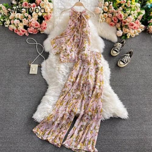 Bohemian Vacation Beach Women Two Piece Set Elegant Halter Sleeveless Chiffon Tops And High Waist Wide Leg Pants Female New 2021
