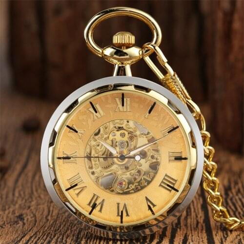 Silver Gold Transparent Skeleton Mechanical Hand Winding Pocket Watch Vintage Manual Mechanism Pocket Timepiece Chain Clock
