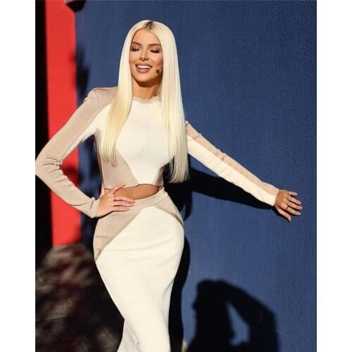 Khaki White Patchwork Bandage Dress Outfits O Neck Long Sleeve Short Crop Top High Waist Bodycon Skirts Women Two Pieces Set