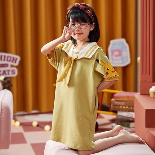 Kids Nightgowns Girls Sleep Summer New Cotton Childrens Nightwear Cartoon Sweet Short Sleeve Nightdress Children Home Clothing