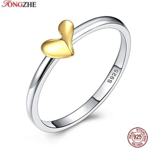 TONGZHE Authentic 100% 925 Sterling Silver Rings For Women Concise Gold Heart Love Charm Jewelry Boho Wedding Wholesale