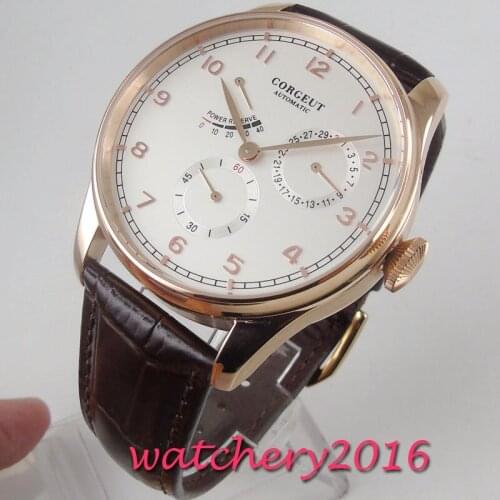 42mm corgeut white dial rose golden plated power reserve date leather 1780 automatic movement mens watch