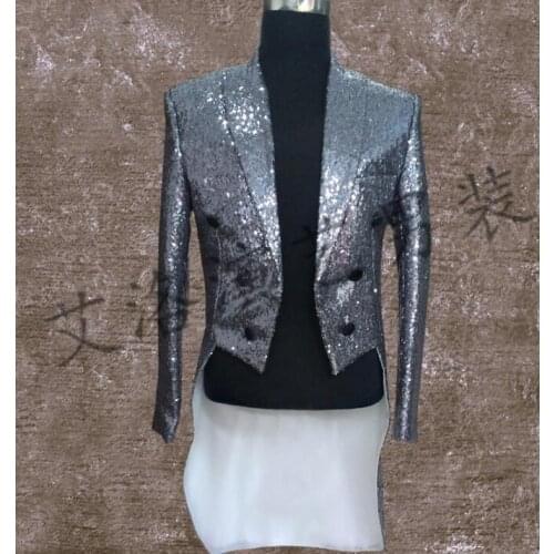 Men tuxedo suits designs stage costumes for singers men sequin blazer dance clothes jacket style dress punk silver gold fashion