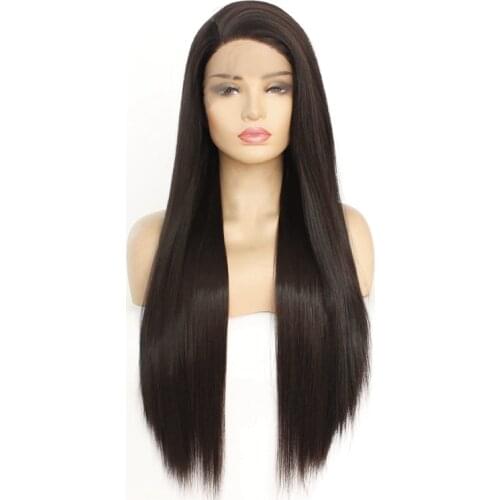 Natural Black 1b# Long Silky Straight Full Wigs Heat Resistant Glueless Synthetic Lace Front Wigs for Black Women Dark Brown