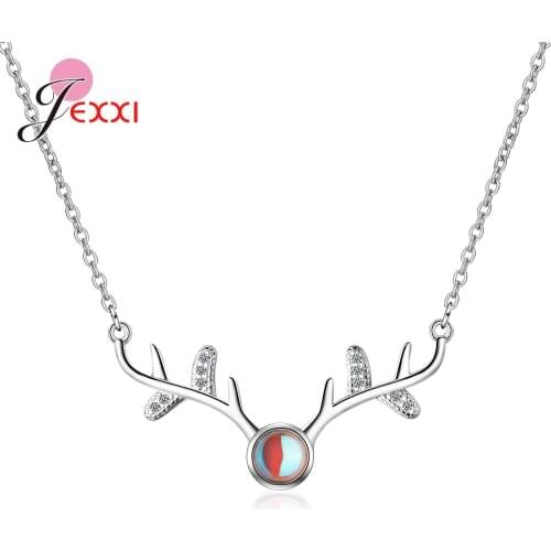 100% 925 Sterling Silver Antler Pendant Necklaces For Women Girls Top Quality Opal Stone Pendant Necklaces For Girl Friend Gift
