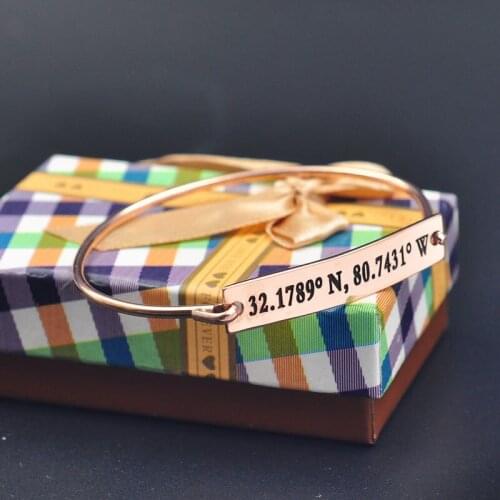 Personalized Bar Bangle Engraved with Latitude and Longitude Rose Gold Color Memorial Coordinate Jewelry