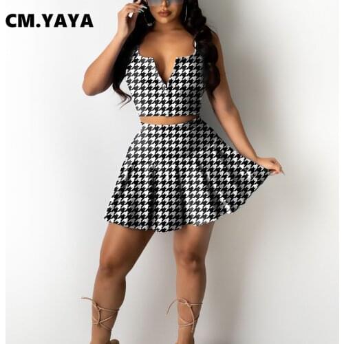 CM.YAY Women Houndstooth Pleated Mini Skirts Set with Tops Matching Two 2 Piece Set Outfits Active Tennis Tracksuit Sweatsuit