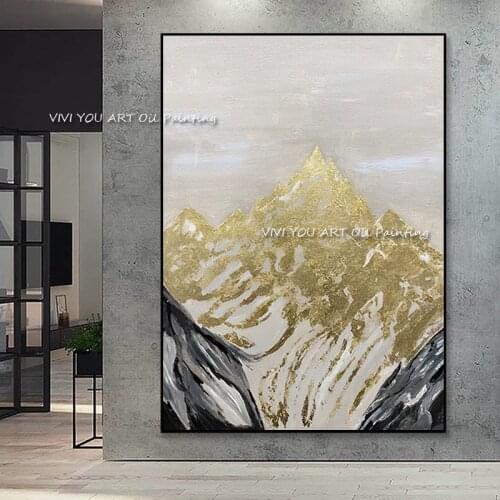 Modern Abstract Golden Foil Mountain Oil Painting on Canvas 100% Handmade Wall Art Canvas for Living Room Decoration No Frame