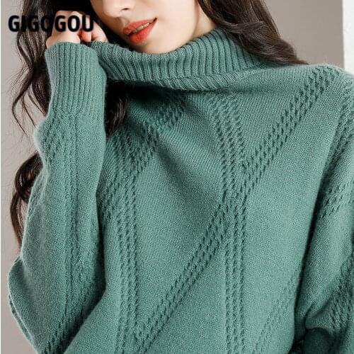 GIGOGOU Winter Turtleneck Sweater Women Cashmere Argyle Sweaters Pure Color Knitted Pullover Oversized Loose Casual Lady Jumper