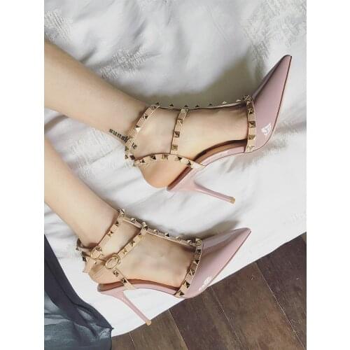 10CM 2020 women pumps high-heeled shoes female pointed stiletto sexy nightclub word with rivets wild sandals female party shoes