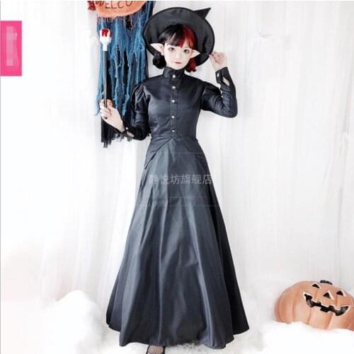 Japanese Gothic Vintage Dress Cos Halloween Witch Costume Hepburn Lolita Long Sleeve Dress