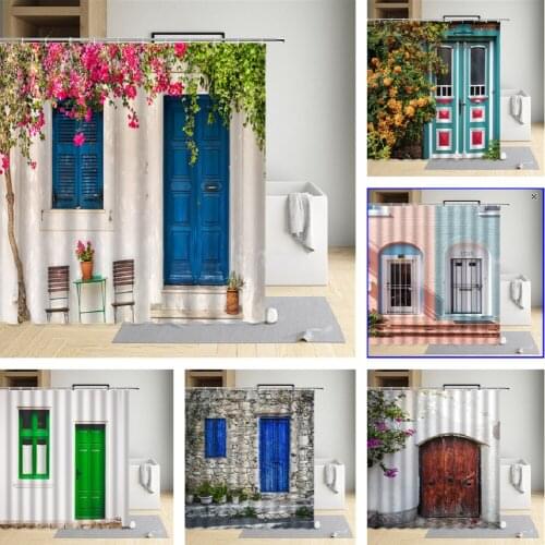 Rural Flowers Street Scenery Shower Curtain Green Plants Retro Door Spring Garden Wall Cloth Bathroom Decor Waterproof Sets
