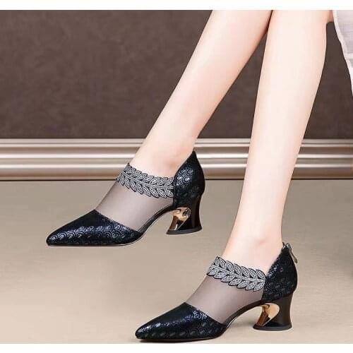 2021 Summer Women High Heel Shoes Mesh Breathable Pumps Zip Pointed Toe Thick Heels Fashion Female Dress Shoes Elegant Footwear