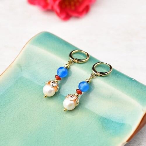 BOEYCJR Ethnic Vintage Blue Stone Bead Freshwater Pearls Dangle Earrings Fashion Jewelry Drop Earrings For Women Gift