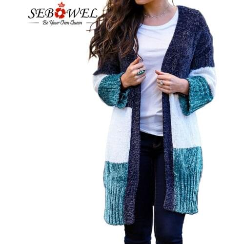 SEBOWEL Blue White Colorblock Velvet Oversized Sweater Woman Winter Warm Long Sleeve Knitting Cardigans Contrast Color Sweaters