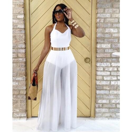 Classic Black White Sheer Mesh High Waist Sexy Rompers For Women Jumpsuits Outfits 2021 New Product Party Wide Leg Pants