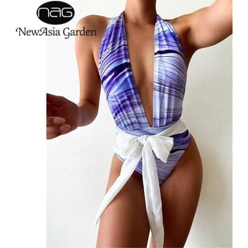 NewAsia Halter One Piece Swimsuit Backless Tie Dye Lace up Low cut Deep V Bathing Suit with Chiffon Belt Women Beach Bodysuit