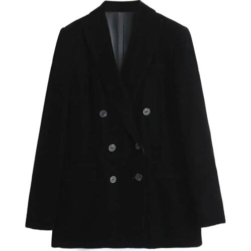 2021 New Vintage Black Velvet Jacket Blazer Office Ladies Suit Jacket Double Breasted Woman Outwear
