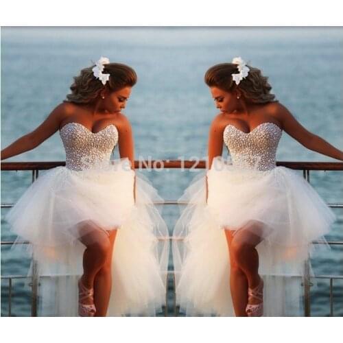 Asymmetrical Cute High Low Sweetheart White Pearl Wedding dresses 2019 vestido de noiva robe de mariee wedding dress bridal gown