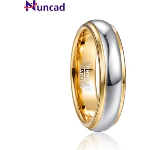 2020 NUNCAD 6mm Width Domed Polished Step Gold Color Plateing Tungsten Steel Ring Wedding Band Comfort Fit Tungsten Carbide Ring