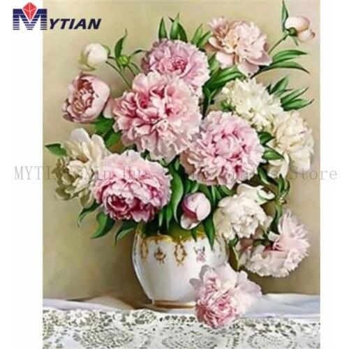 MYTIAN 5D DIY Diamond Painting,Pretty Pink Flowers in Vase,Mosaic Diamond Embroidery Handmade Craft Home Decor Wall Sticker Gift