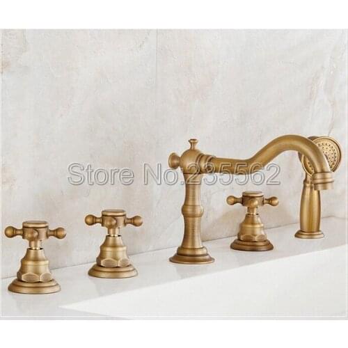 Antique Brass Widespread 5 Holes Bathroom Roman Tub Faucet Mixer Tap Set With Hand Shower Ltf035
