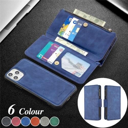 Zipper Wallet Multi Card Holder Phone Case for iPhone 12 Pro Max 11 XS XR X 8 7 6 6S Plus Leather Magnetic Back Cover Coque