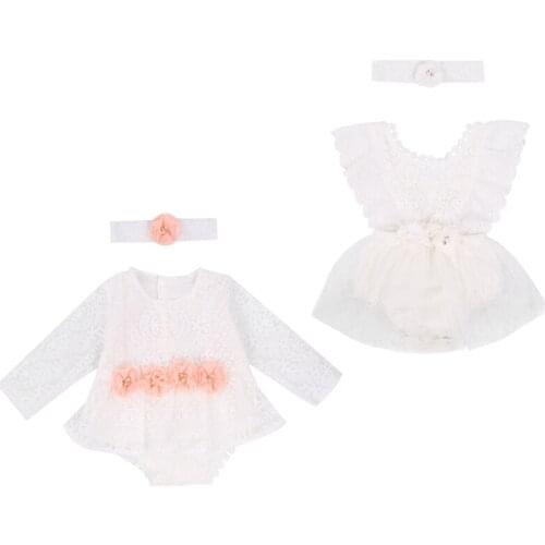FOCUSNORM Newborn Baby Girls Princess Romper Dress Headband 2pcs Ruffled Lace Flowers Print Jumpsuits Clothing for 0-24M