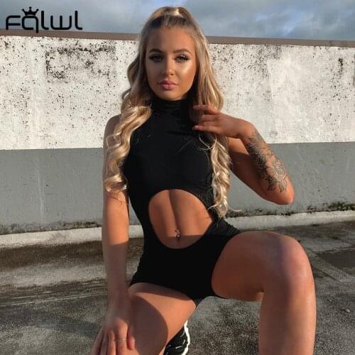 FQLWL Summer Bodycon Streetwear Black Rompers Women Sleeveless Hollow Out Playsuit Outfit Women Romper Stretchy Short Jumpsuit