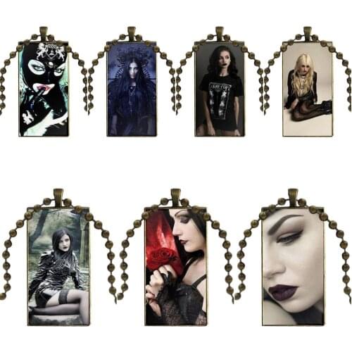 Gothic Diablo Beauty Girl For Women Kids Jewelry With Bronze Plated Glass Cabochon Choker Long Pendant Rectangle Necklace