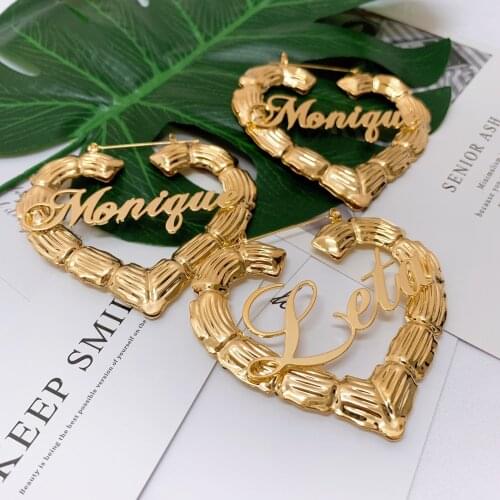 Name Earrings 70mm Custom Earrings Love Shape Hiphop Sexy Bamboo Hoop Earring Customizable Customized Name Earrings Bamboo Style