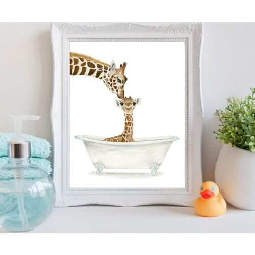 Mother Baby Giraffe in a Bathtub Canvas Painting Cartoon Funny Childs Kids Bathroom Wall Decor Pictures Nordic Poster Art Print