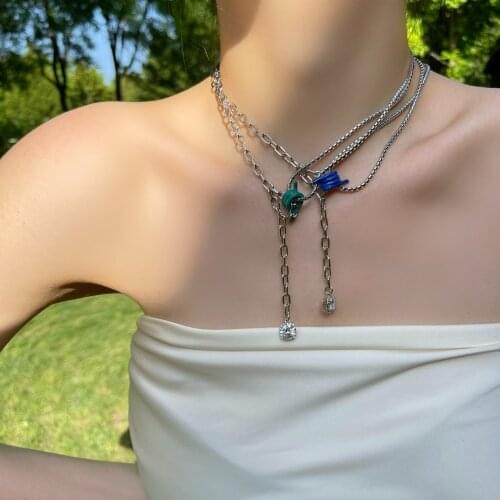 MENGJIQIAO 2021 Fashion Design Metal Chain Choker For Women Girls Sqaure Crystal Pendant Necklace Jewelry Gifts